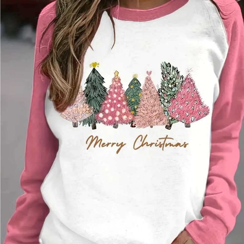 Women's Plus Christmas Tree & Raglan Sleeve Round Neck Slight Stretch
